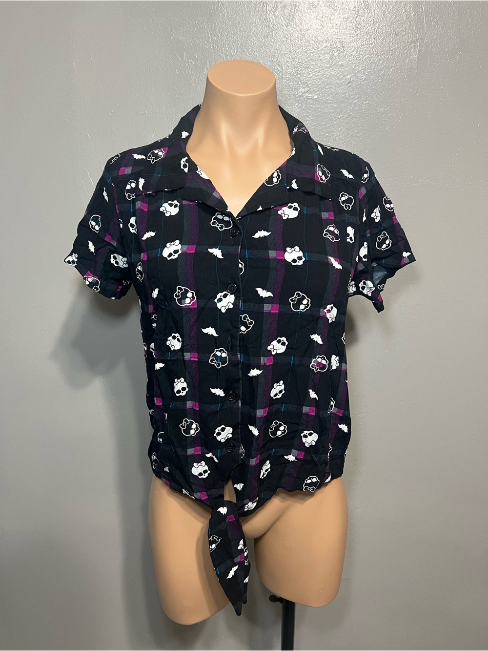 Monster High Plaid Girls Tie-Front Woven Button-Up Size: L